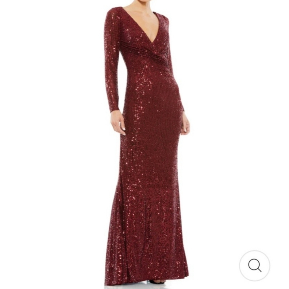 new Mac Duggal SEQUINED FAUX WRAP LONG SLEEVE COLUMN GOWN in cranberry wine red